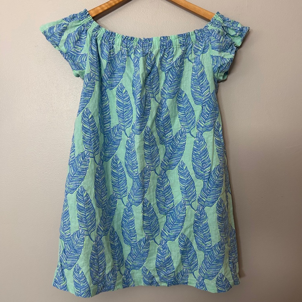 Vineyard Vines Dress Womens XS‎ Blue Green Palm Leaf Linen Cotton Off Shoulder